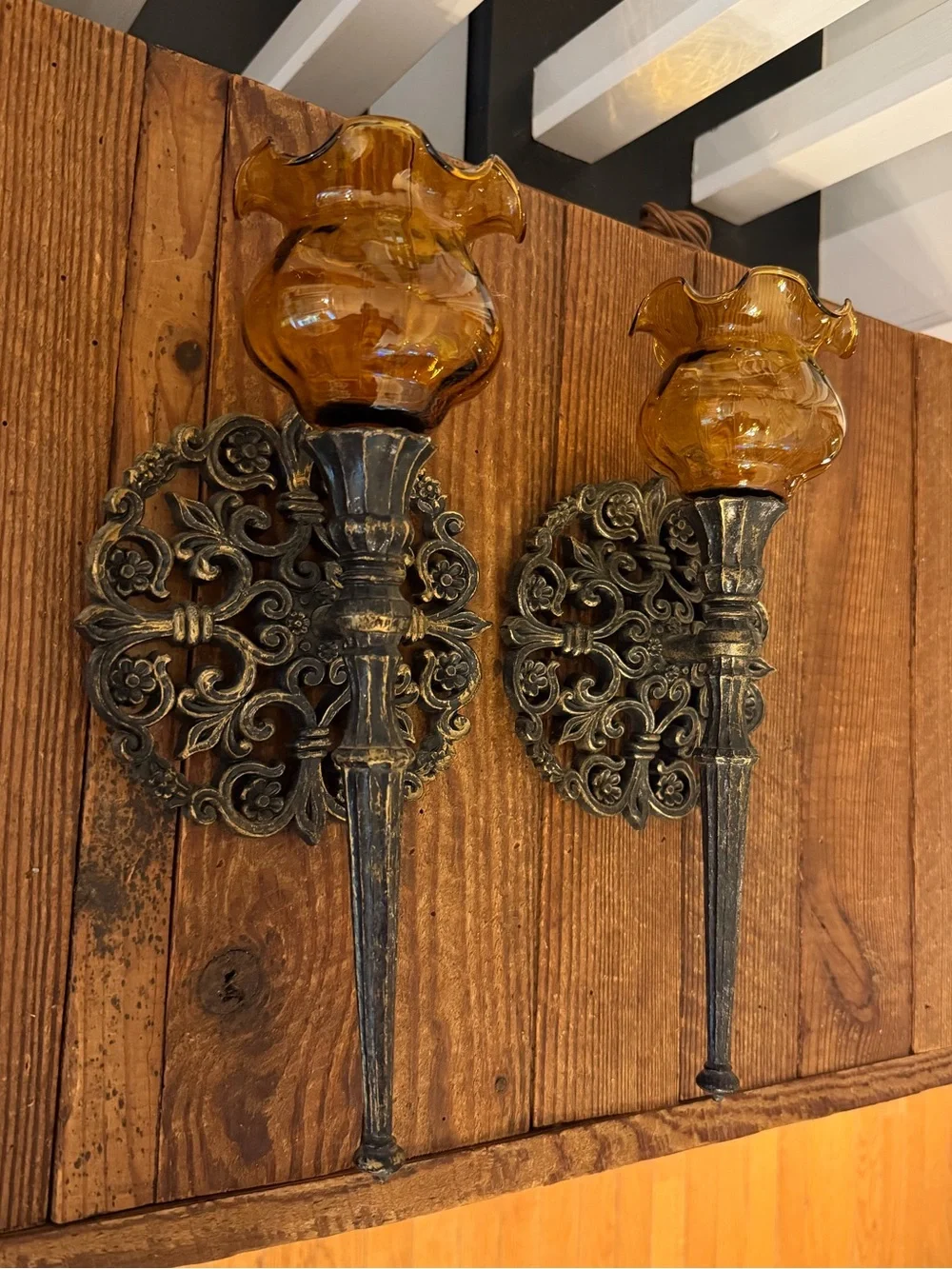 Pair of Vintage Amber Glass BOHO Farmhouse Candle Wall Sconces